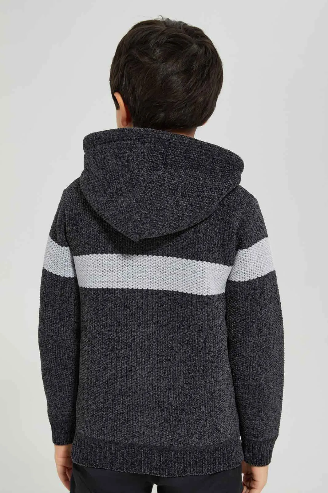 Boys Grey Striped Hooded Cardigan With Zipper