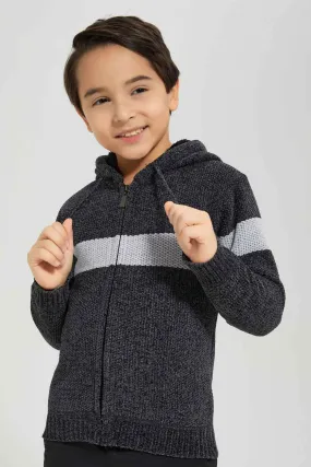 Boys Grey Striped Hooded Cardigan With Zipper