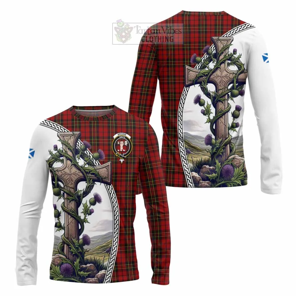 Brodie Tartan Long Sleeve T-Shirt with Family Crest and St. Andrew's Cross Accented by Thistle Vines