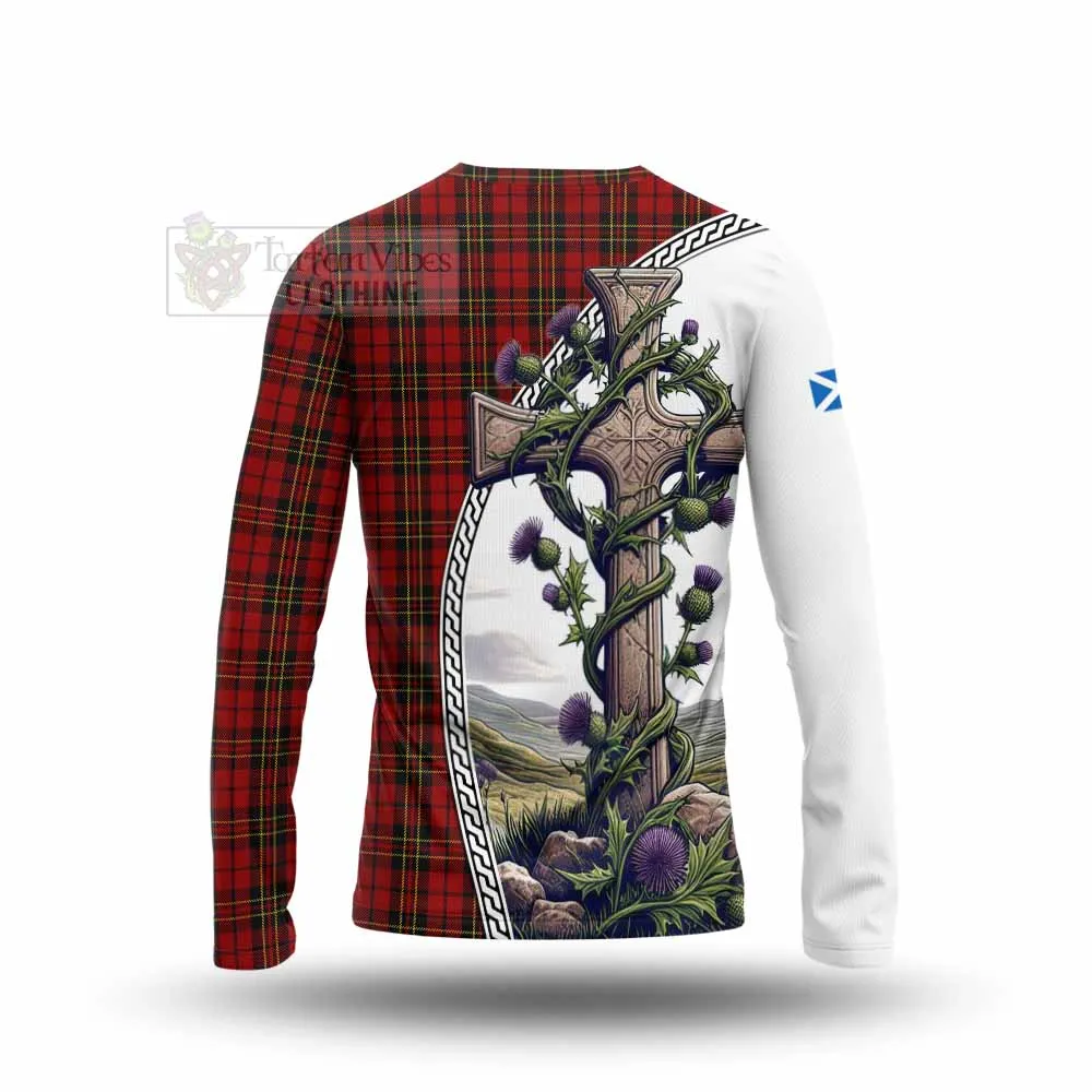 Brodie Tartan Long Sleeve T-Shirt with Family Crest and St. Andrew's Cross Accented by Thistle Vines