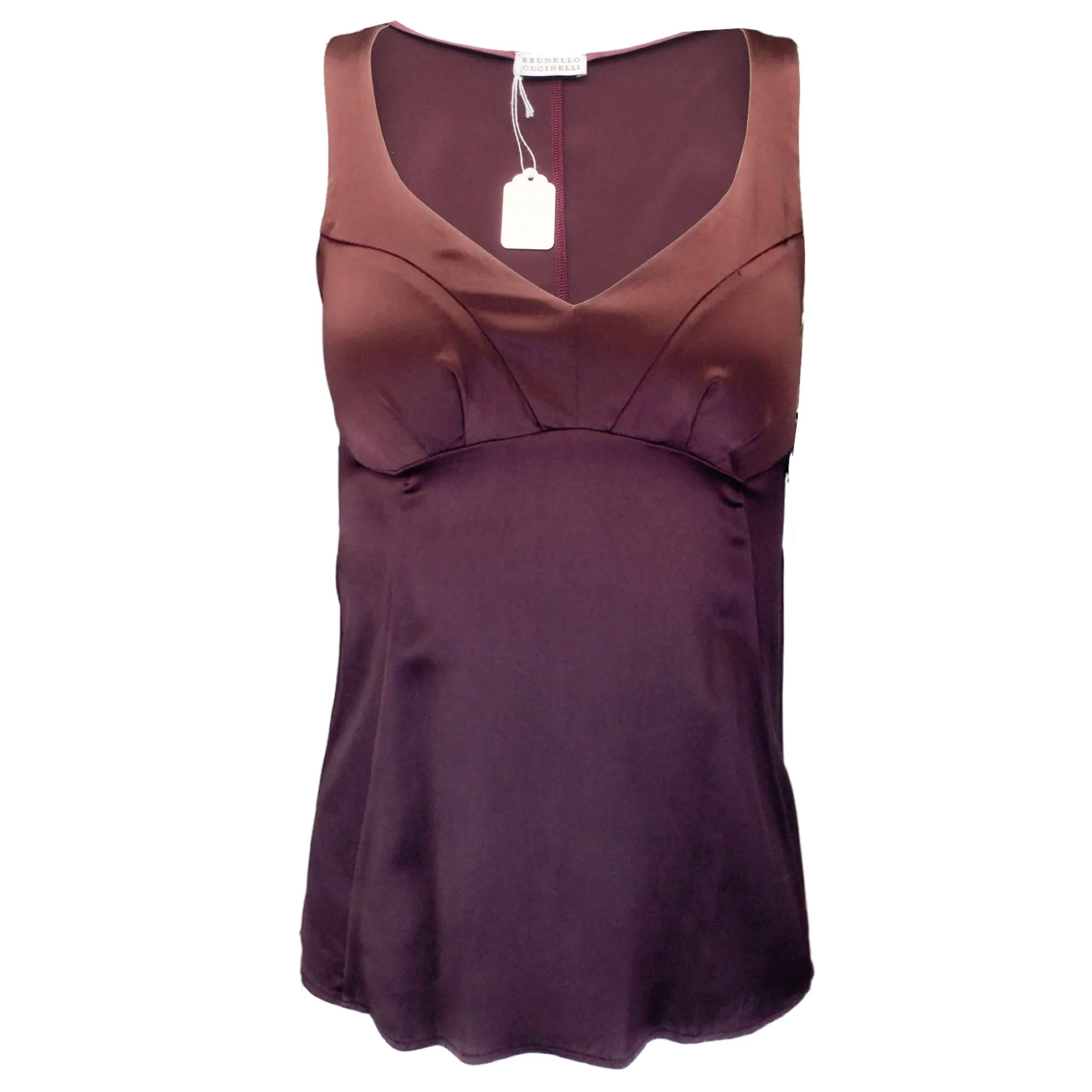 Brunello Cucinelli Burgundy Sleeveless V-Neck Silk Top