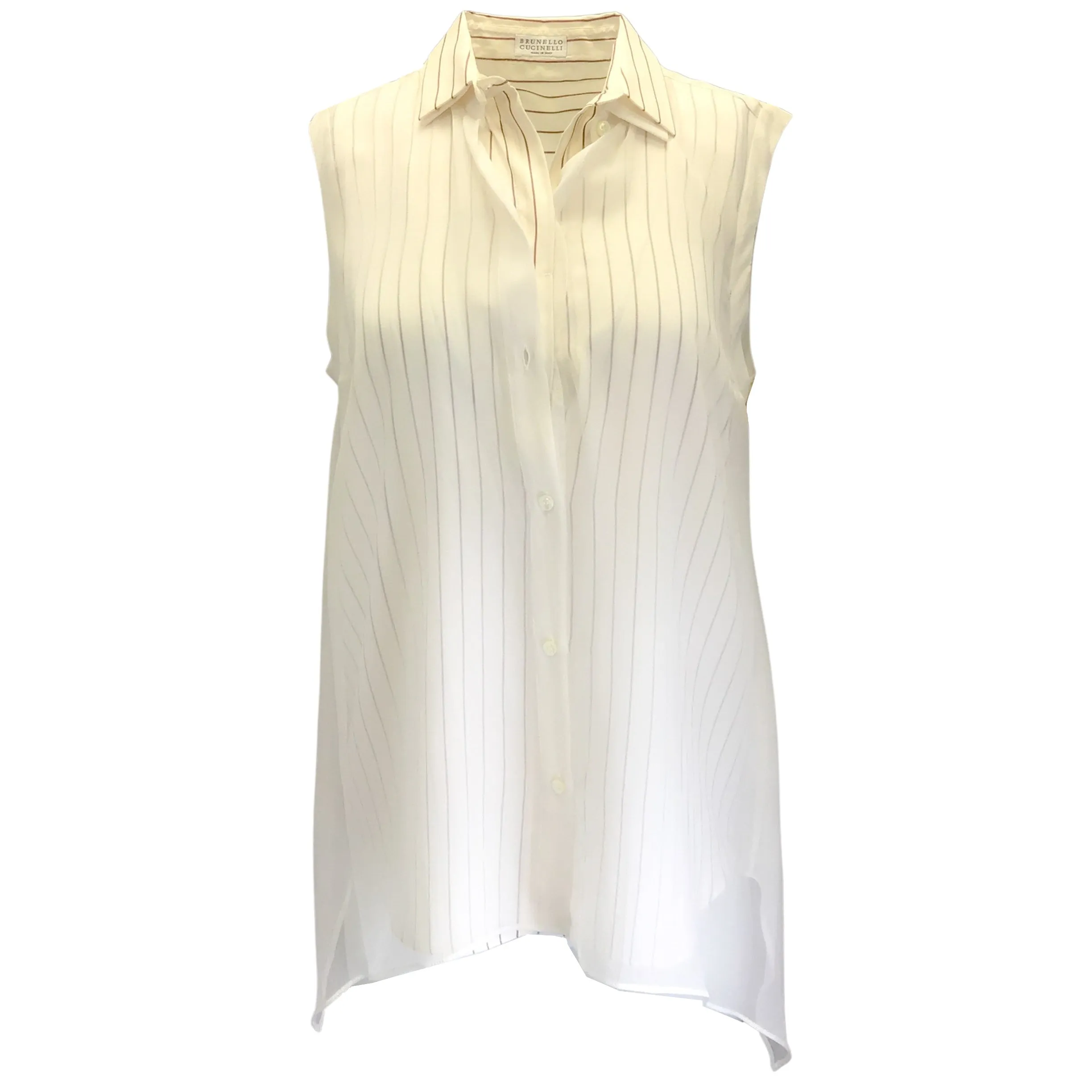 Brunello Cucinelli Ivory / Burgundy Striped Sleeveless Button-down Silk Top