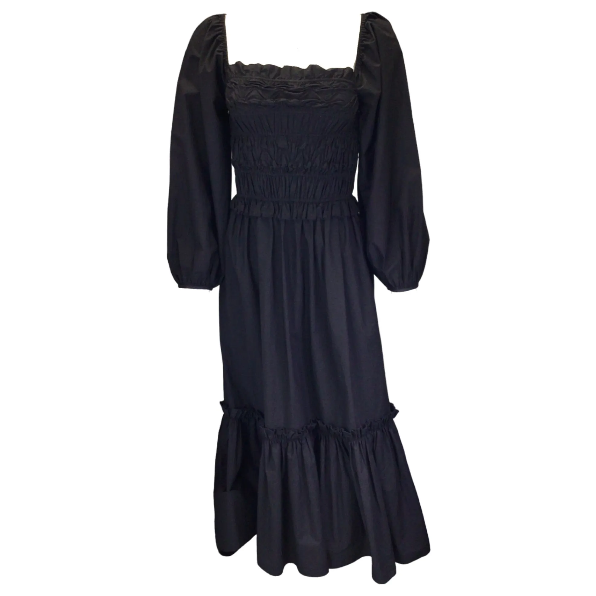 Cara Cara Black Ruffled Long Sleeved Cotton Midi Dress