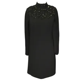 Carolina Herrera Black Bejeweled Long Sleeved Crepe Dress