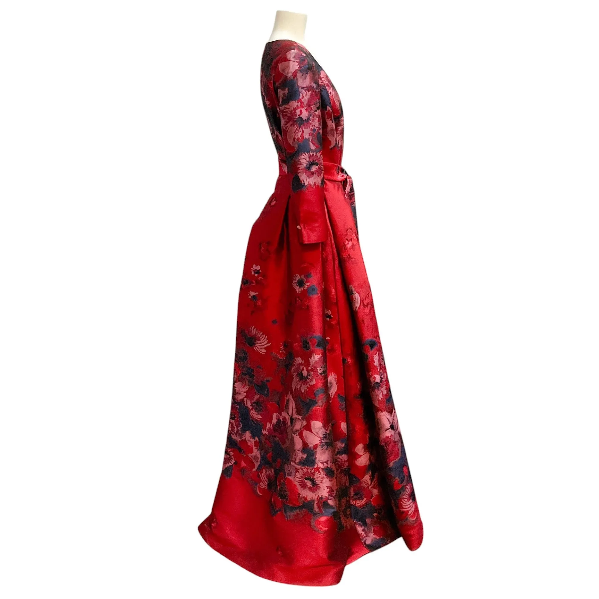 Carolina Herrera Deep Red Multi Belted Floral Jacquard Gown / Formal Dress