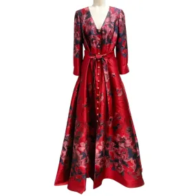 Carolina Herrera Deep Red Multi Belted Floral Jacquard Gown / Formal Dress