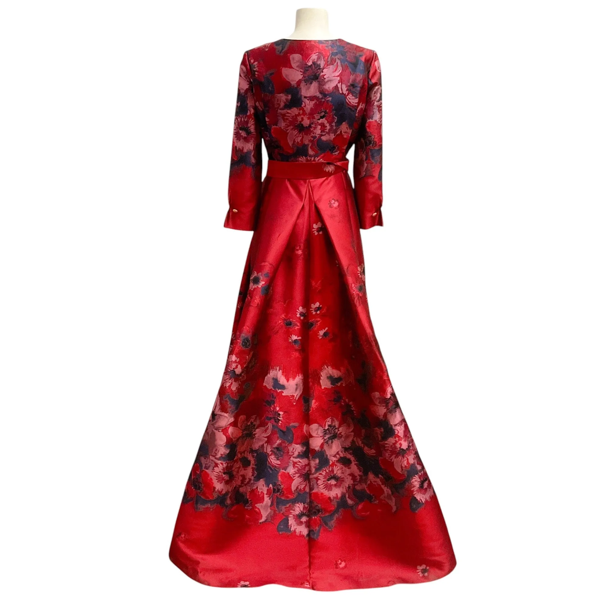 Carolina Herrera Deep Red Multi Belted Floral Jacquard Gown / Formal Dress