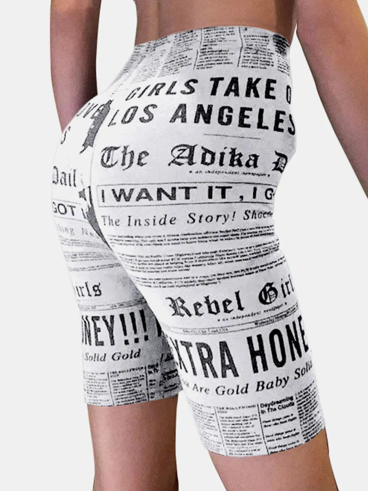 Casual Newspaper Print High Waist Shorts Sport Leggings For Women