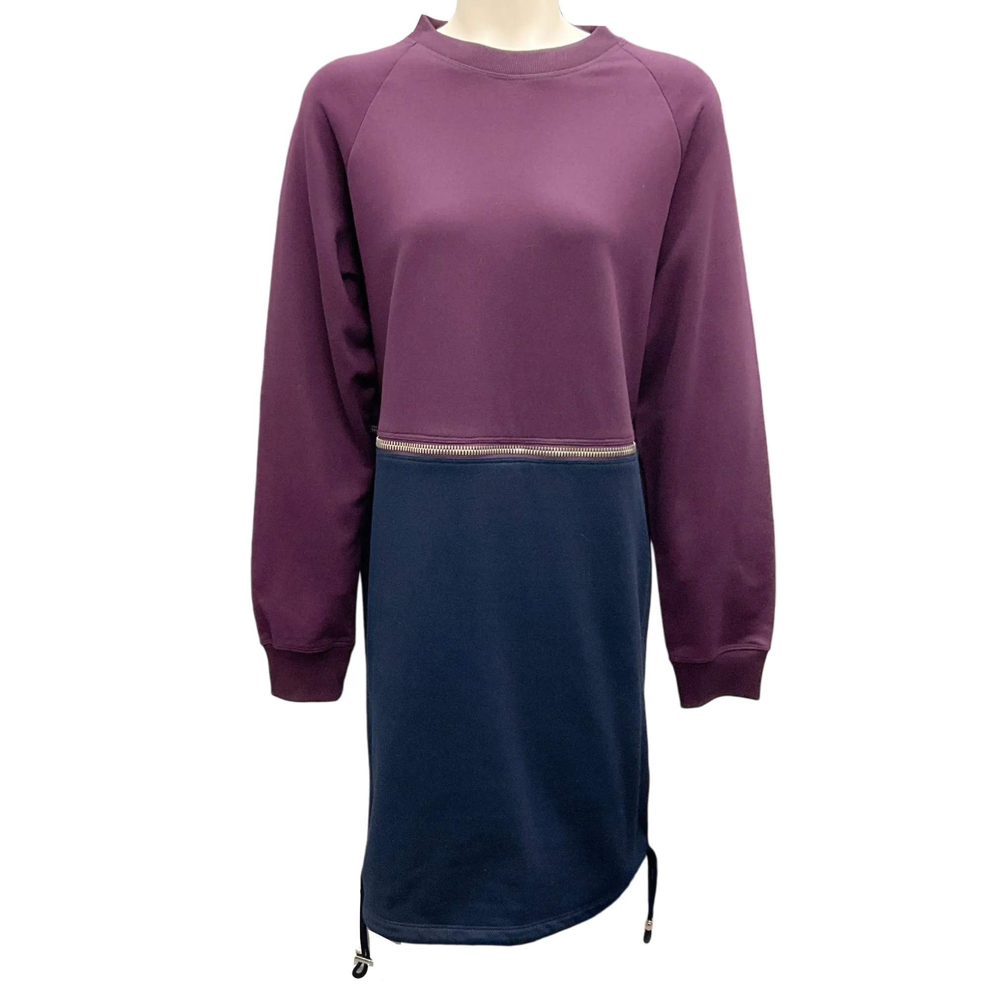 Cedric Charlier Purple / Navy Blue Zipper Detail Two-Tone Cotton Sweatshirt Dress