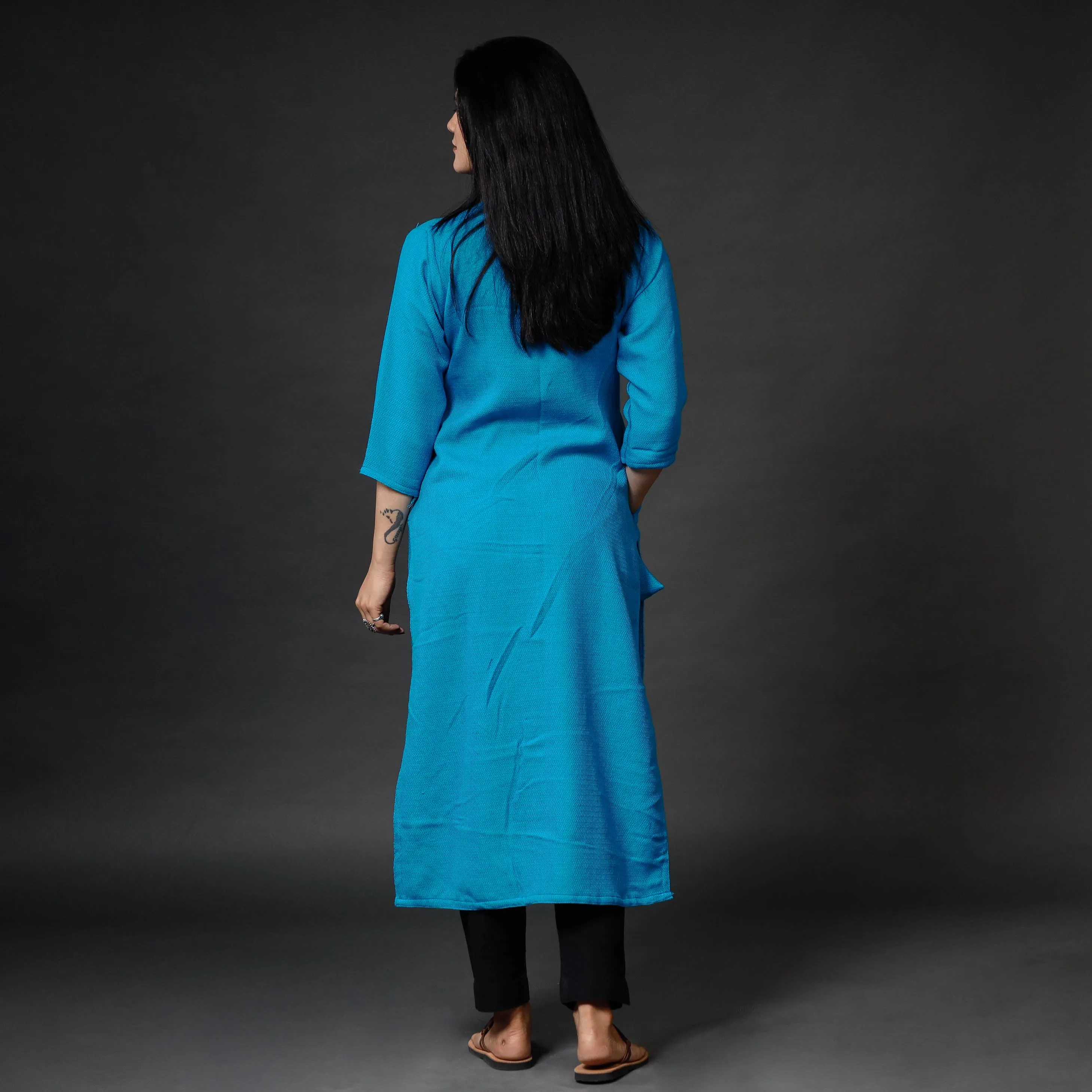 Cerulean Blue Kumaun Handwoven Merino Woolen Long Kurta