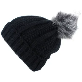 Chunky Beanie Hat with Faux Fur Pom and Super Soft Fleece Lining - Black