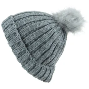 Chunky Knit Beanie Hat with Faux Fur Bobble - Grey