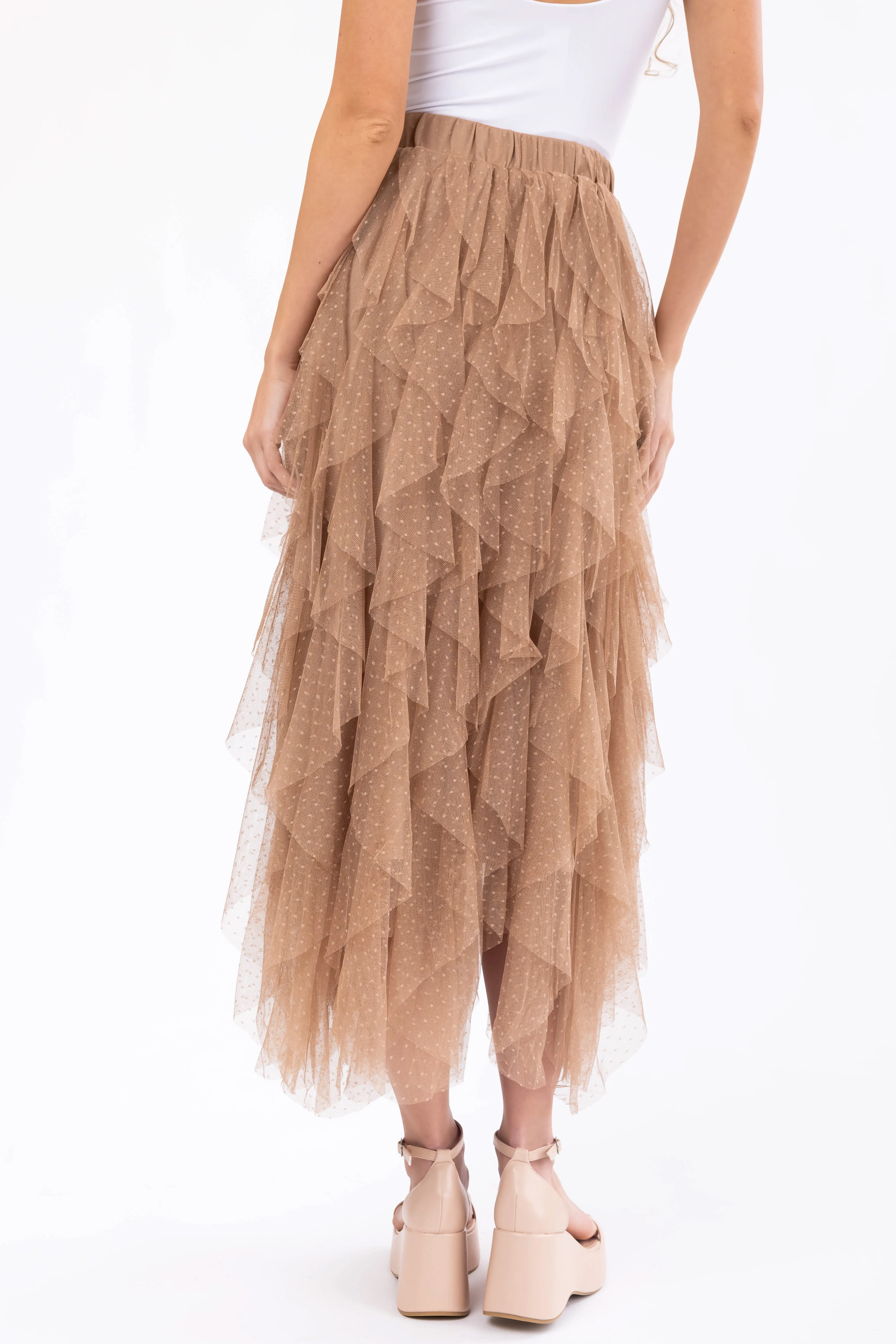 Coffee Cascading Ruffle Tulle Dotted Midi Skirt