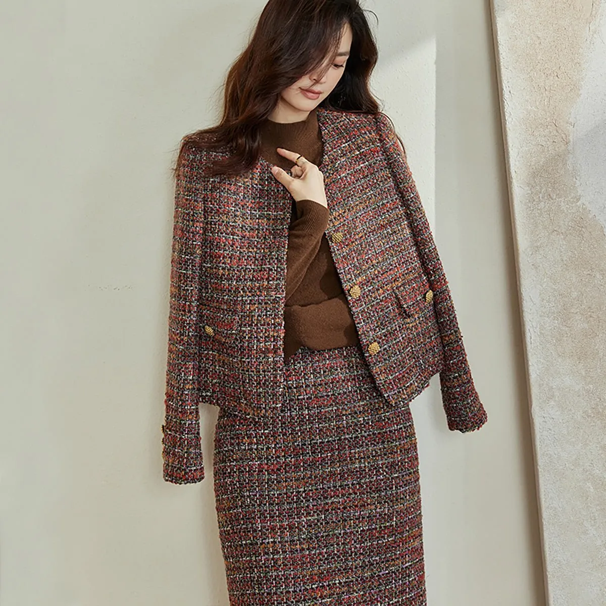 Coffee Tweed Skirt and Blazer Set