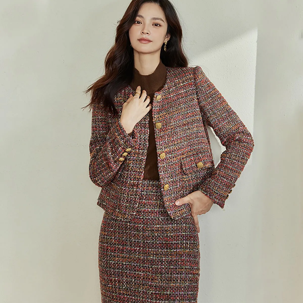 Coffee Tweed Skirt and Blazer Set