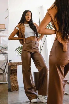 Cognac Vegan Leather Wide Leg Pants