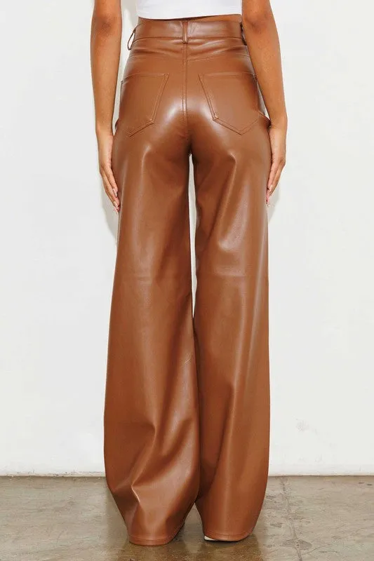 Cognac Vegan Leather Wide Leg Pants