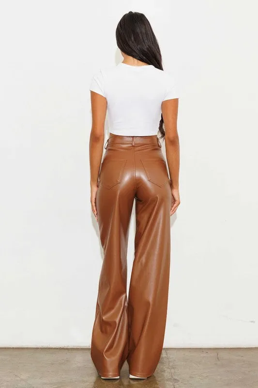 Cognac Vegan Leather Wide Leg Pants