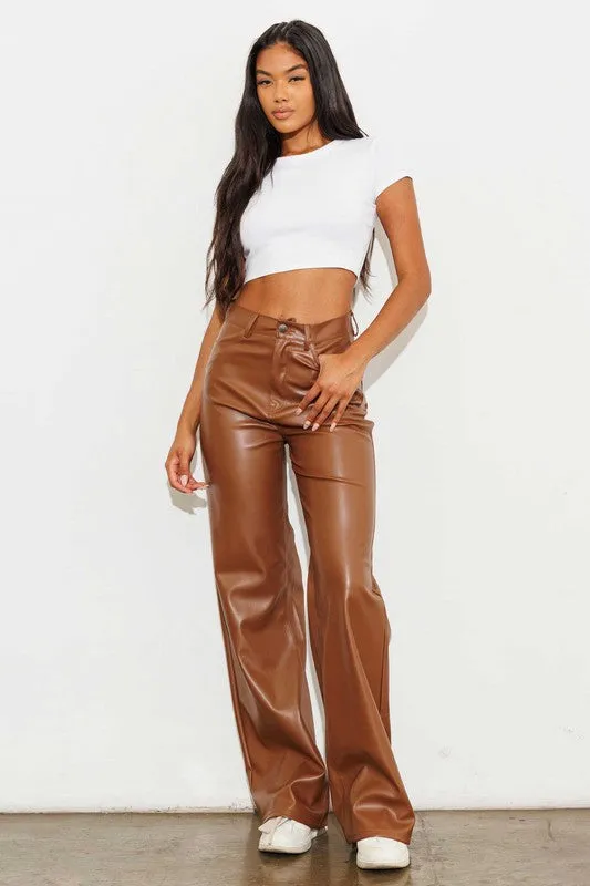 Cognac Vegan Leather Wide Leg Pants