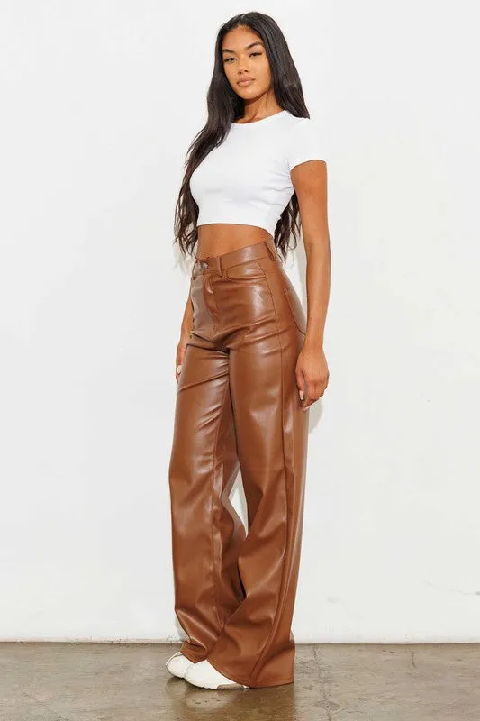 Cognac Vegan Leather Wide Leg Pants