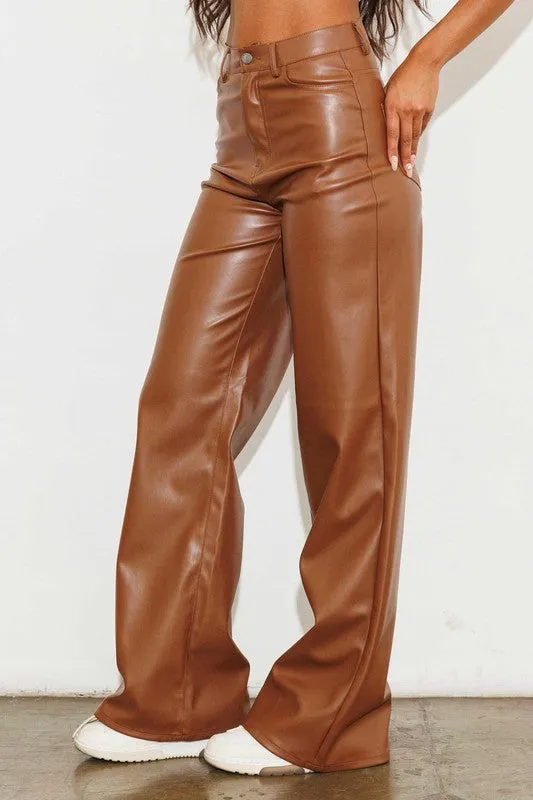 Cognac Vegan Leather Wide Leg Pants