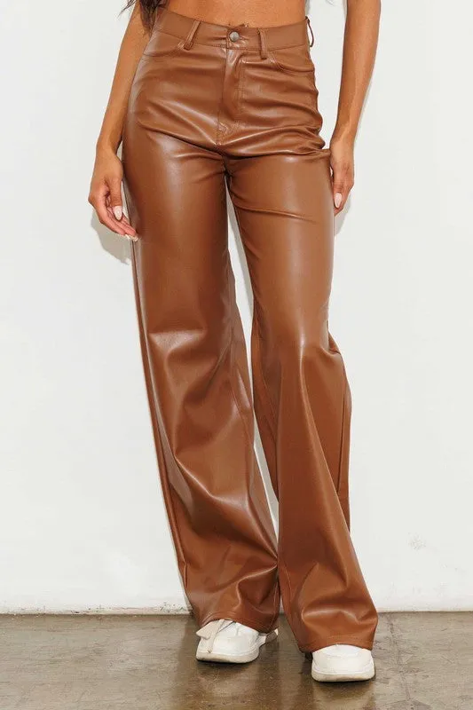 Cognac Vegan Leather Wide Leg Pants