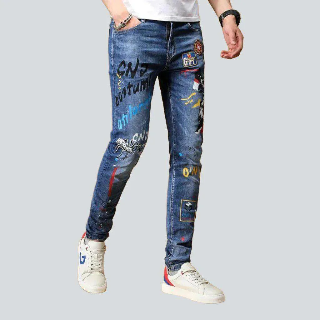 Color embroidery jeans for men