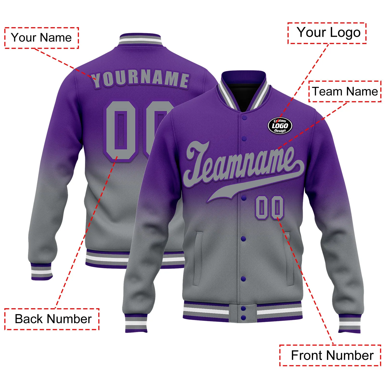 Custom Purple Gray Fade Fashion Jacket Bomber Full-Snap Varsity Letterman Personalized Jacket FZ005-D020229-13