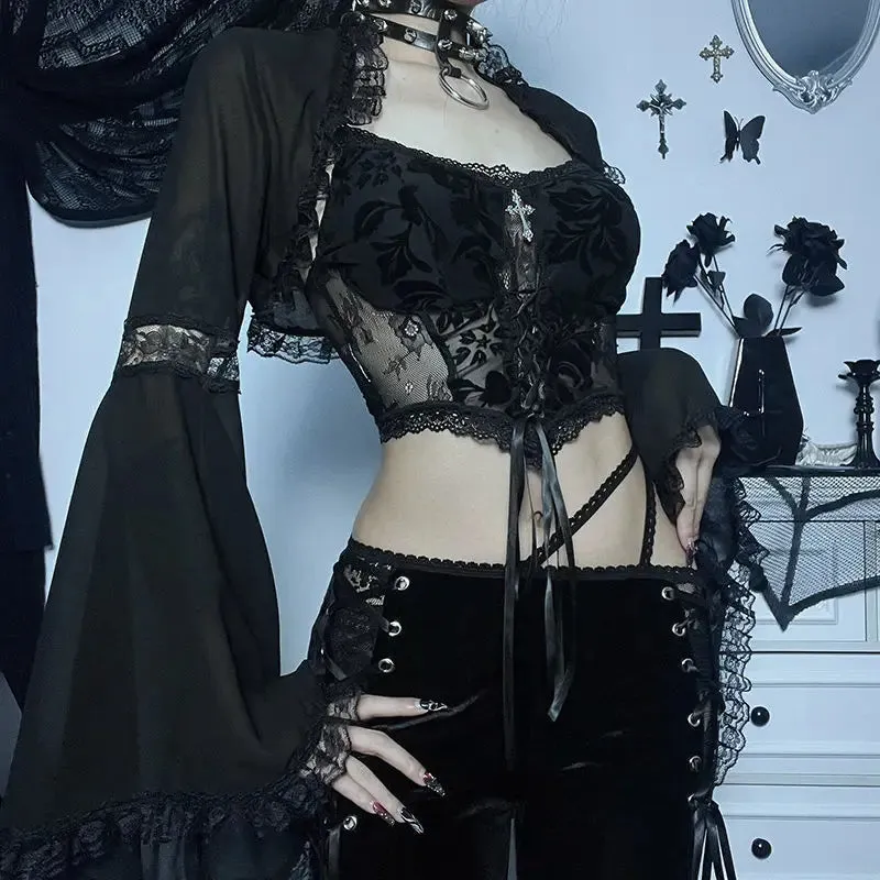 Diablo Lace Cover Up Kam Shoulder Halloween Half Flared Sleeve Gothic Hollowing Out Cardigan