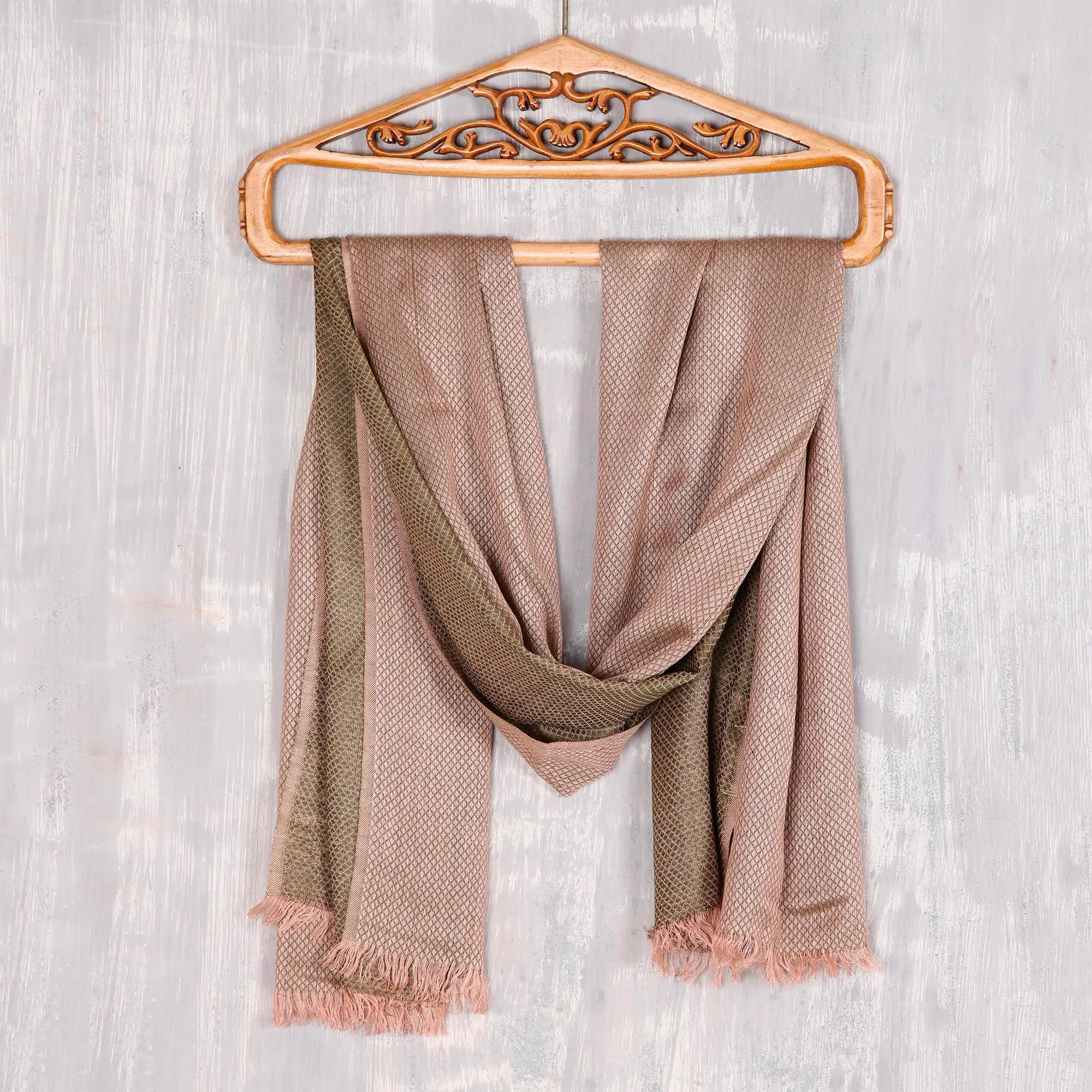 Diamond Pattern Viscose Shawl in Olive and Blush from India - Glamorous Diamonds in Olive | NOVICA