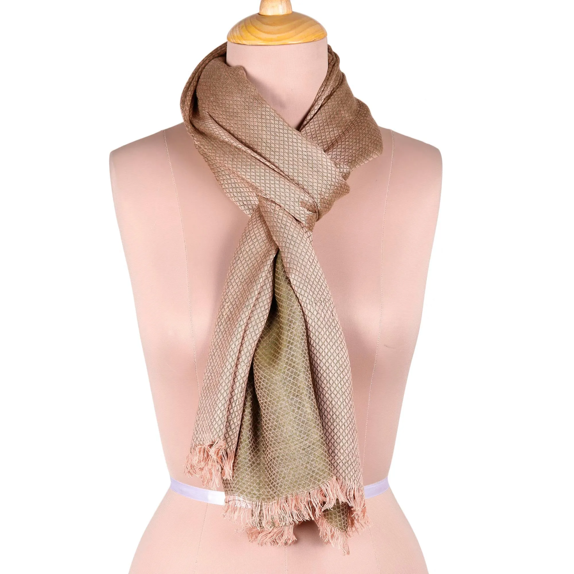 Diamond Pattern Viscose Shawl in Olive and Blush from India - Glamorous Diamonds in Olive | NOVICA