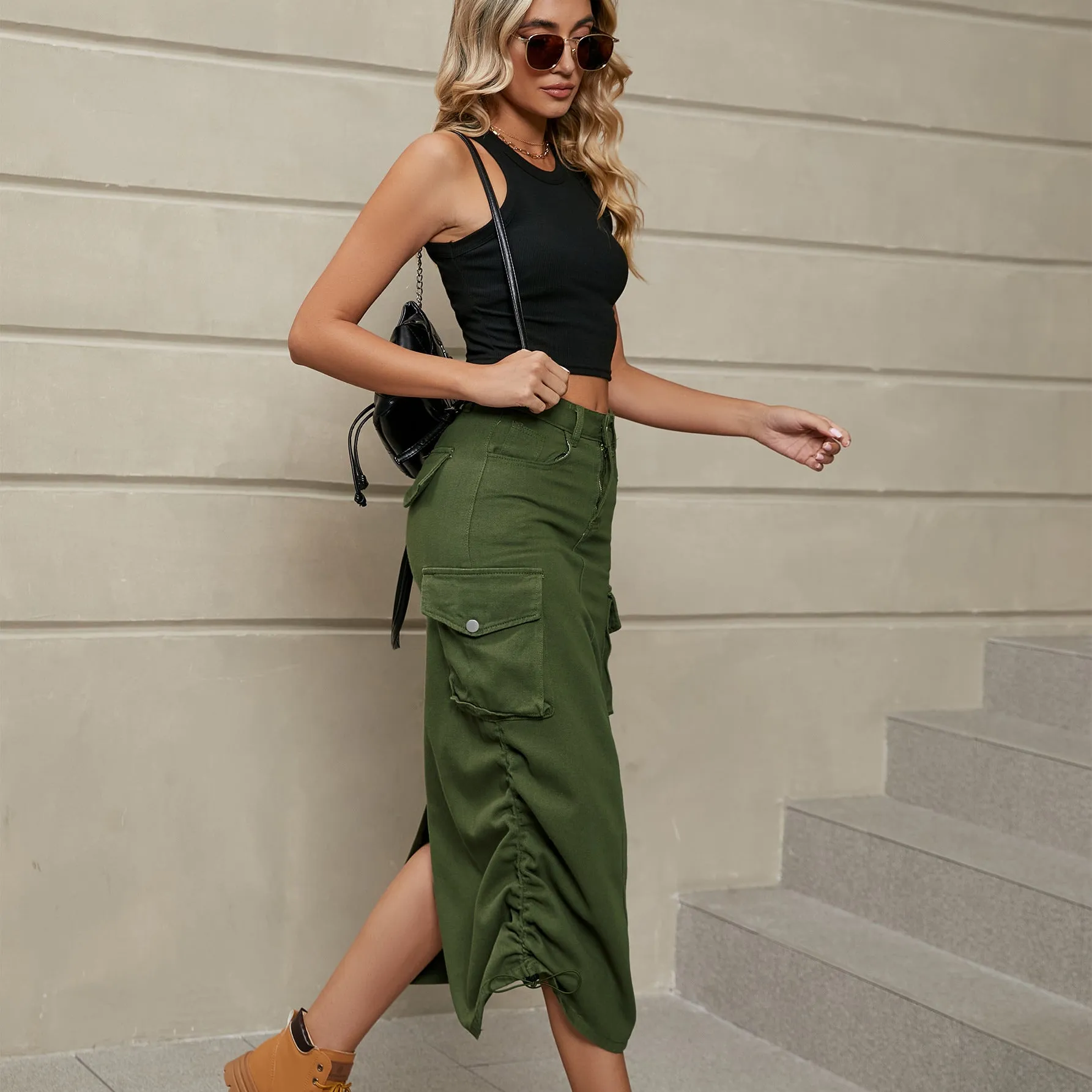 Drawstring Ruched Slit Denim Midi Skirt