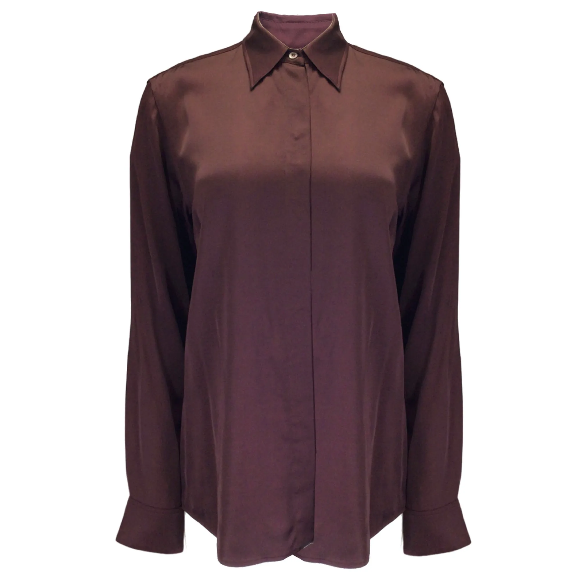 Dries van Noten Burgundy Long Sleeved Button-down Satin Blouse