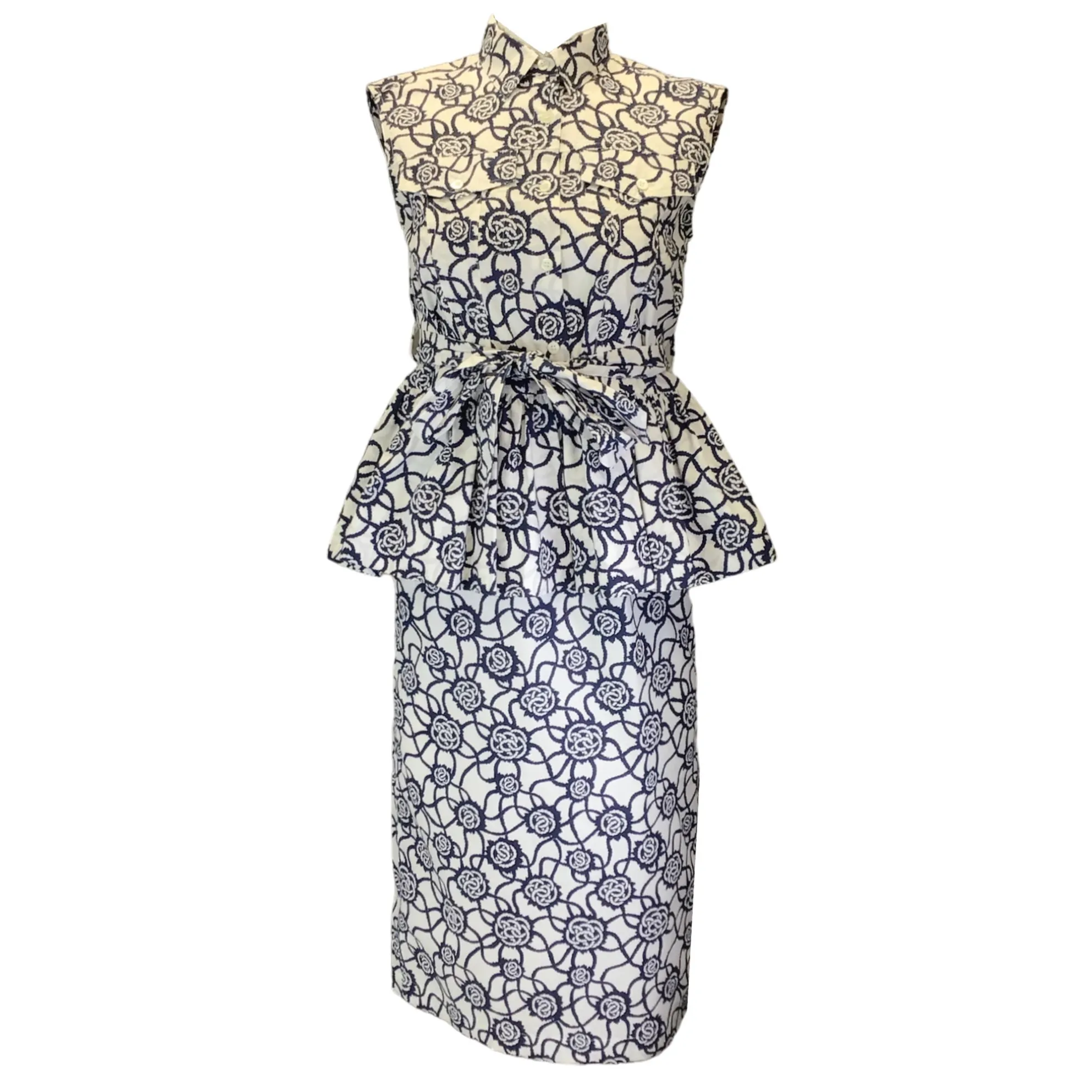 Dries Van Noten White / Navy Blue Printed Cotton Peplum Dress