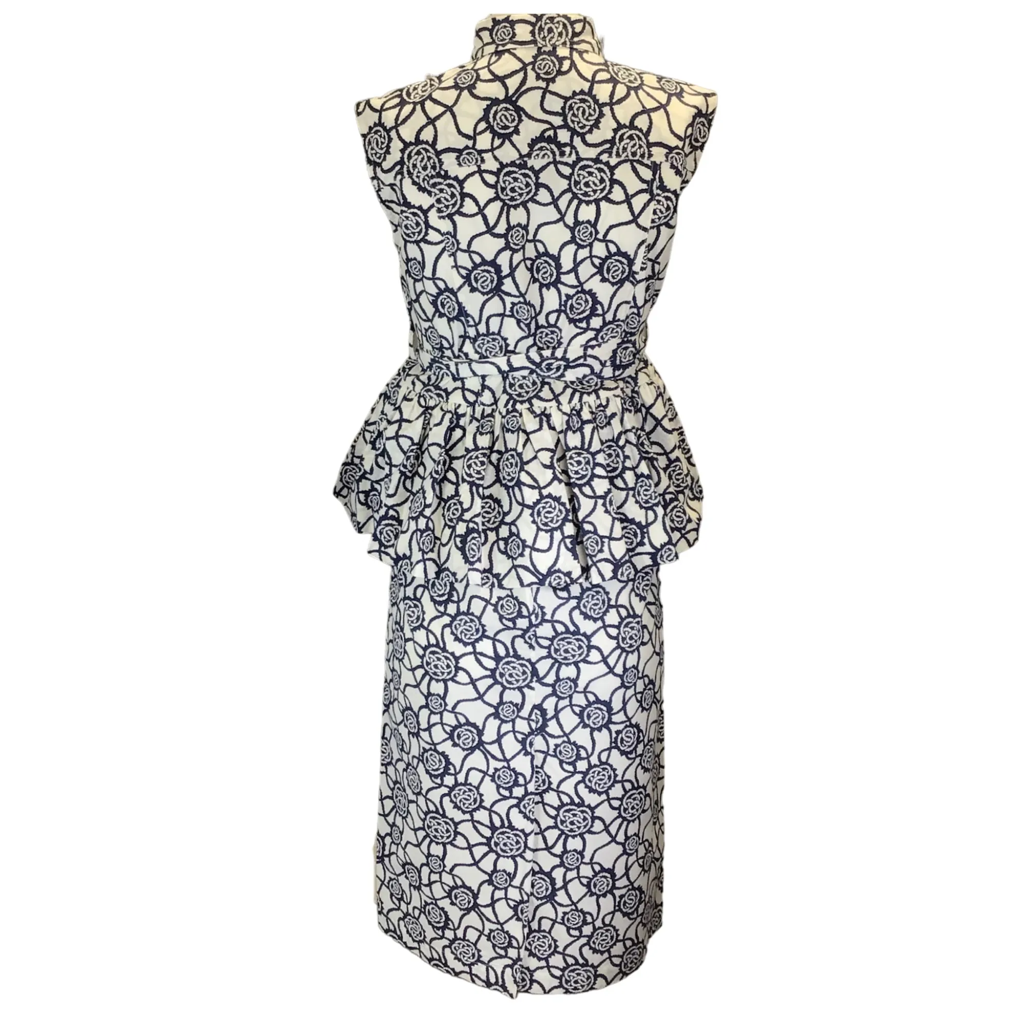 Dries Van Noten White / Navy Blue Printed Cotton Peplum Dress