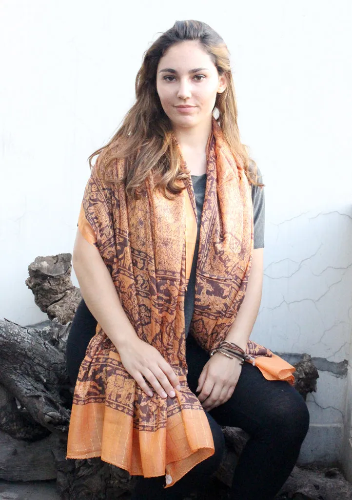 Elephant and Flower Print Orange Cotton Scarf/Shawl for Summer