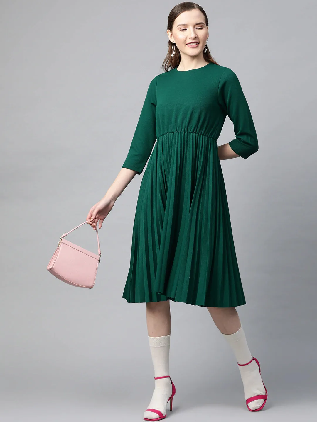 Emerald Rib Pleated Skater Dress