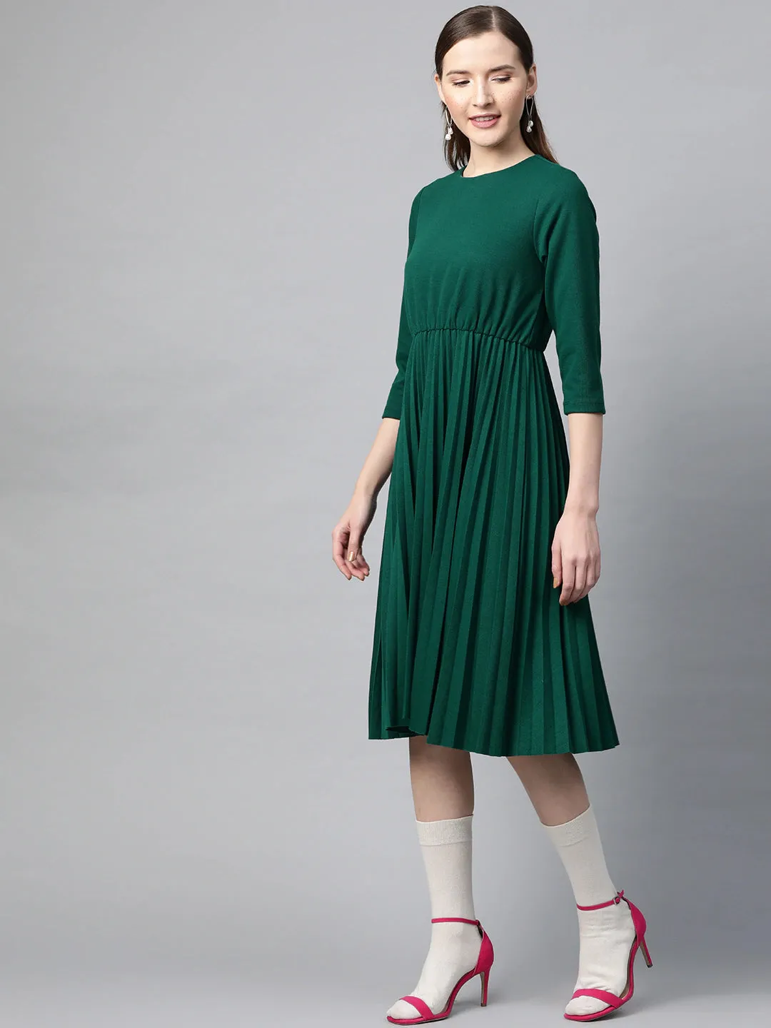 Emerald Rib Pleated Skater Dress