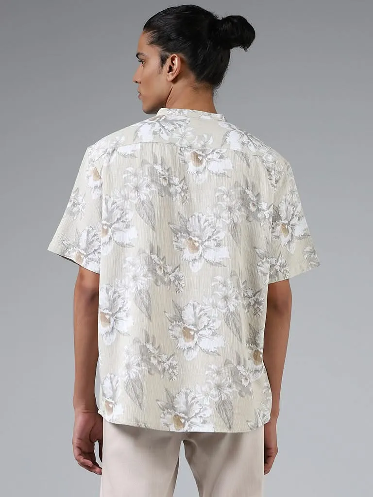 ETA Beige Floral Printed Cotton Relaxed-Fit Shirt