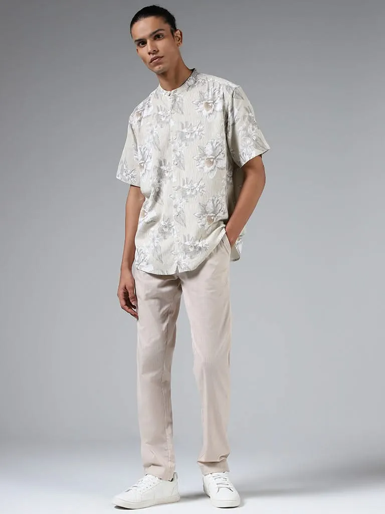 ETA Beige Floral Printed Cotton Relaxed-Fit Shirt