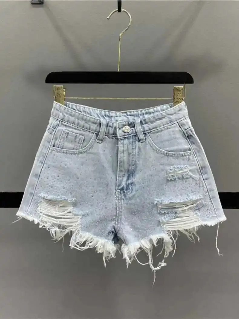 Fashion Rhinestone Diamond Denim Shorts for Women High Waist Ripped Jeans