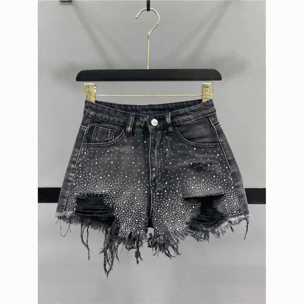 Fashion Rhinestone Diamond Denim Shorts for Women High Waist Ripped Jeans