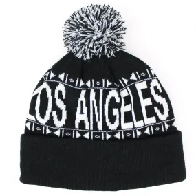 Fine knit bobble beanie hat with turn up - Black LA