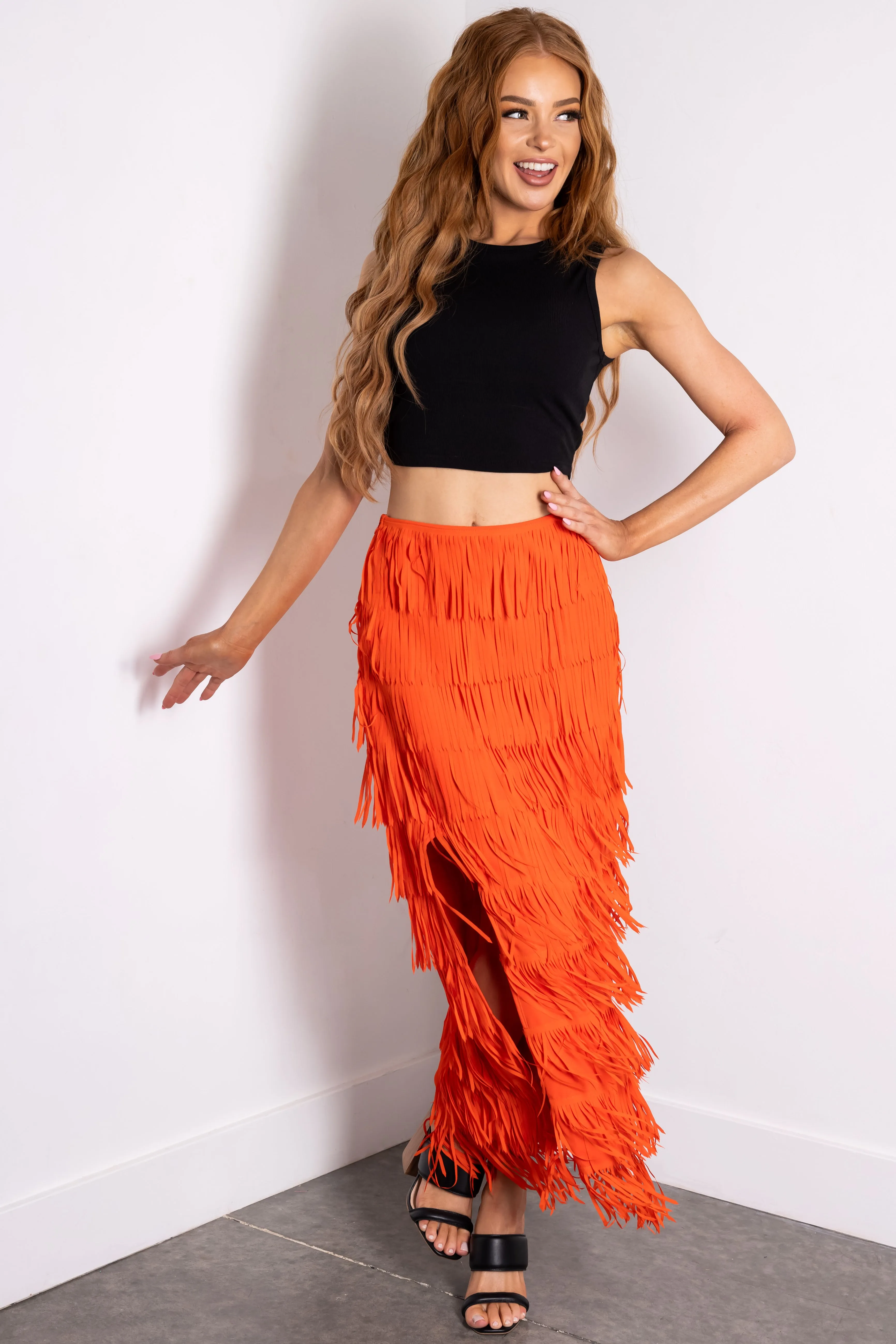 Fire Side Slit Fringe Midi Skirt