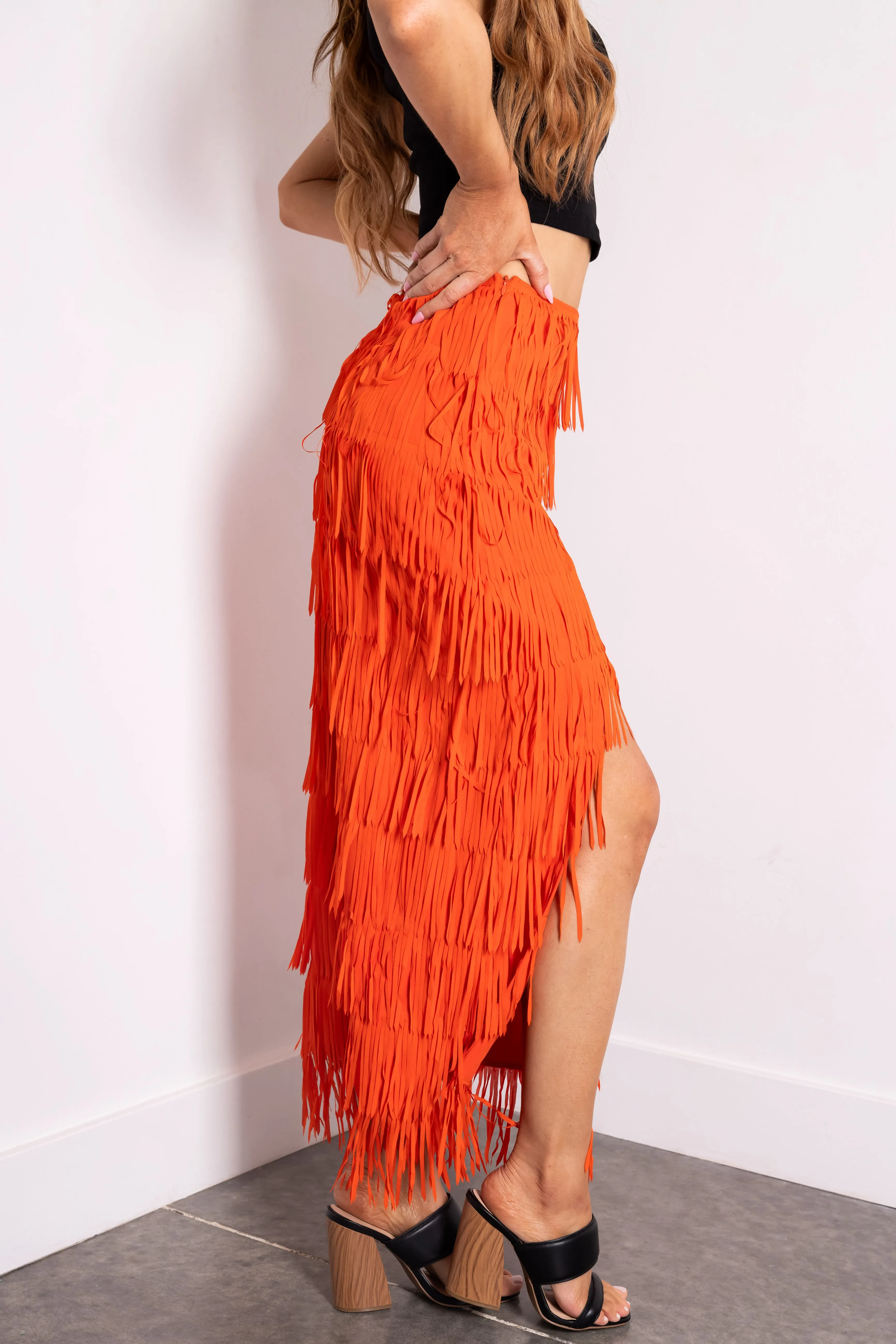 Fire Side Slit Fringe Midi Skirt