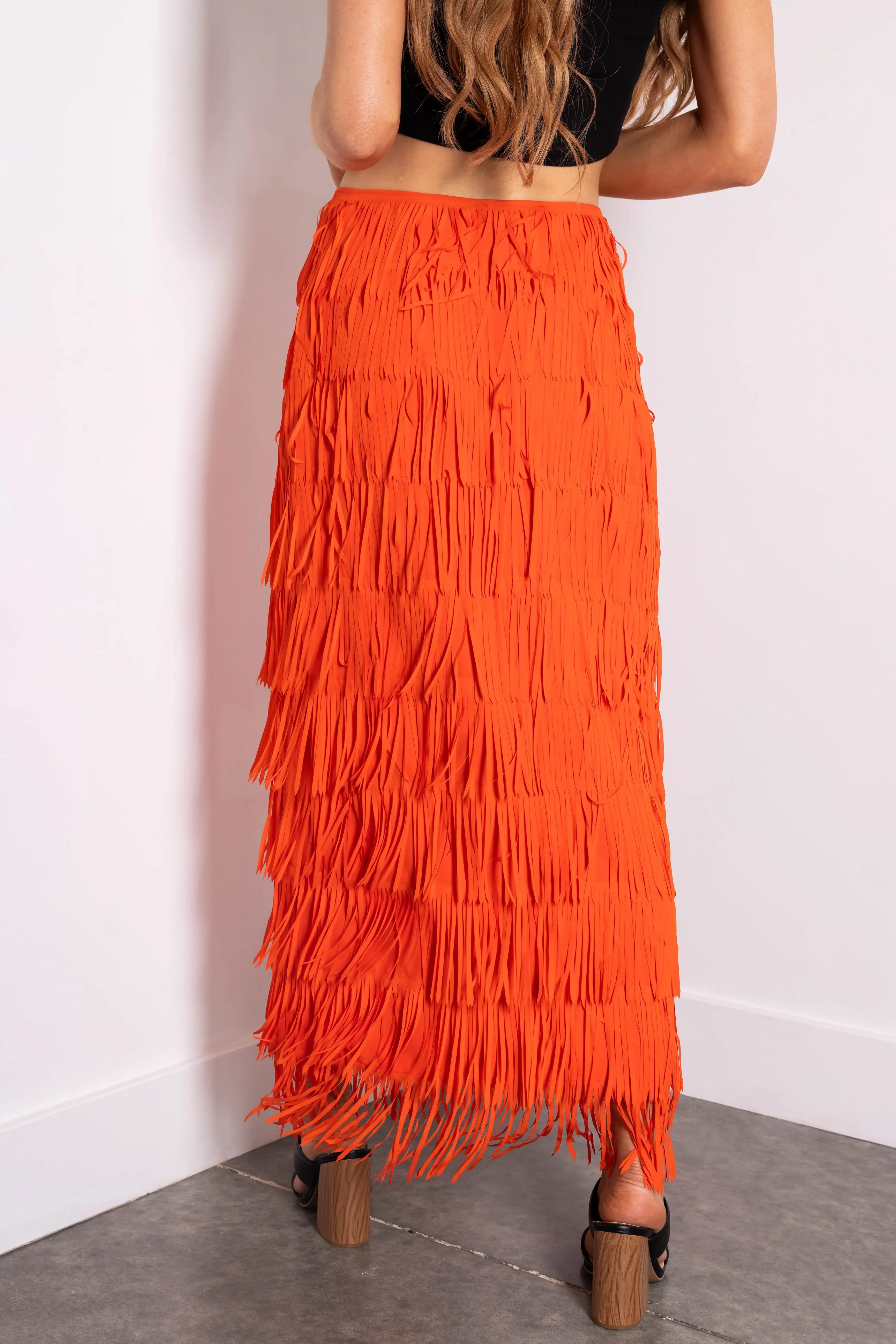 Fire Side Slit Fringe Midi Skirt