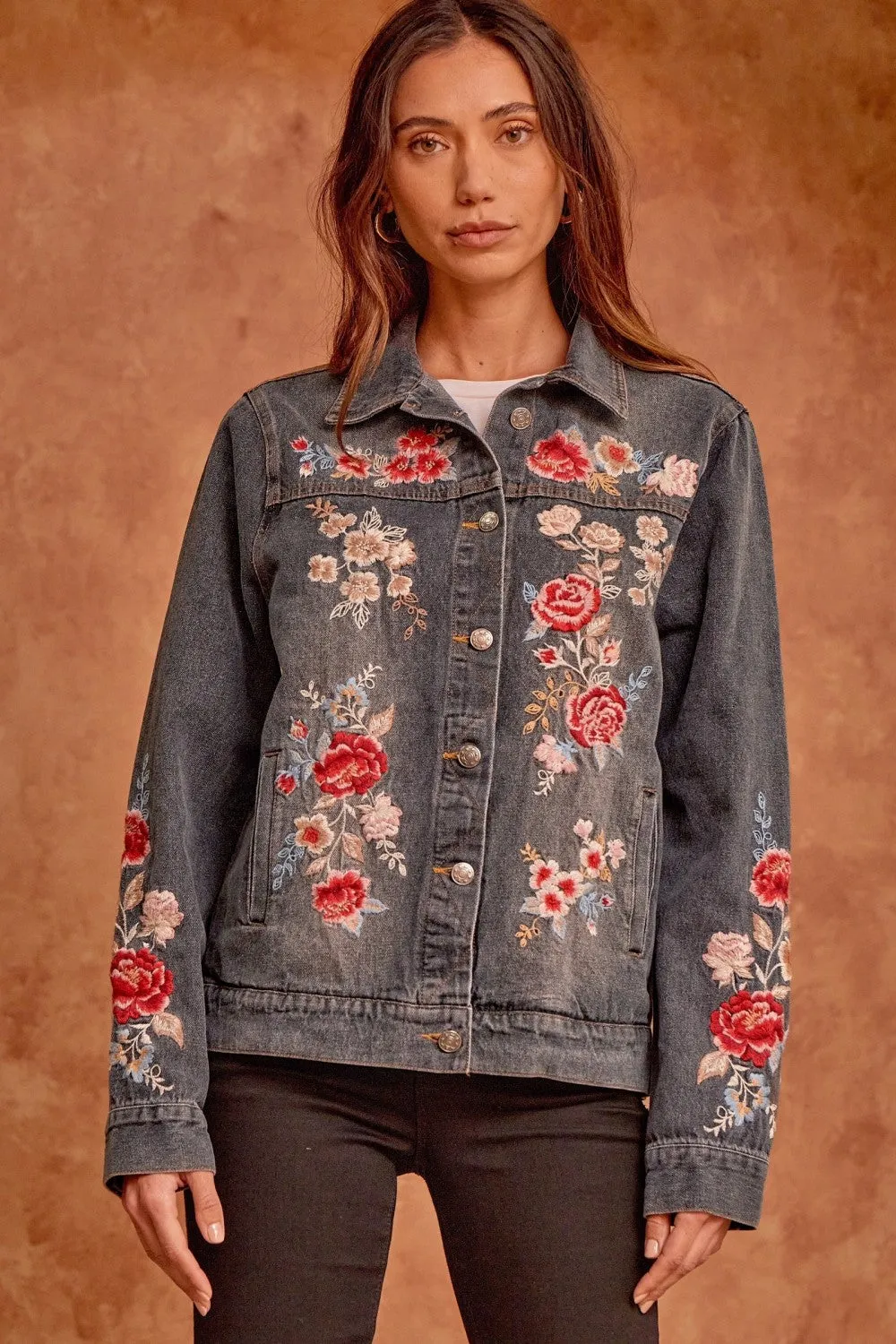 Floral Embroidered Denim Jacket, Charcoal