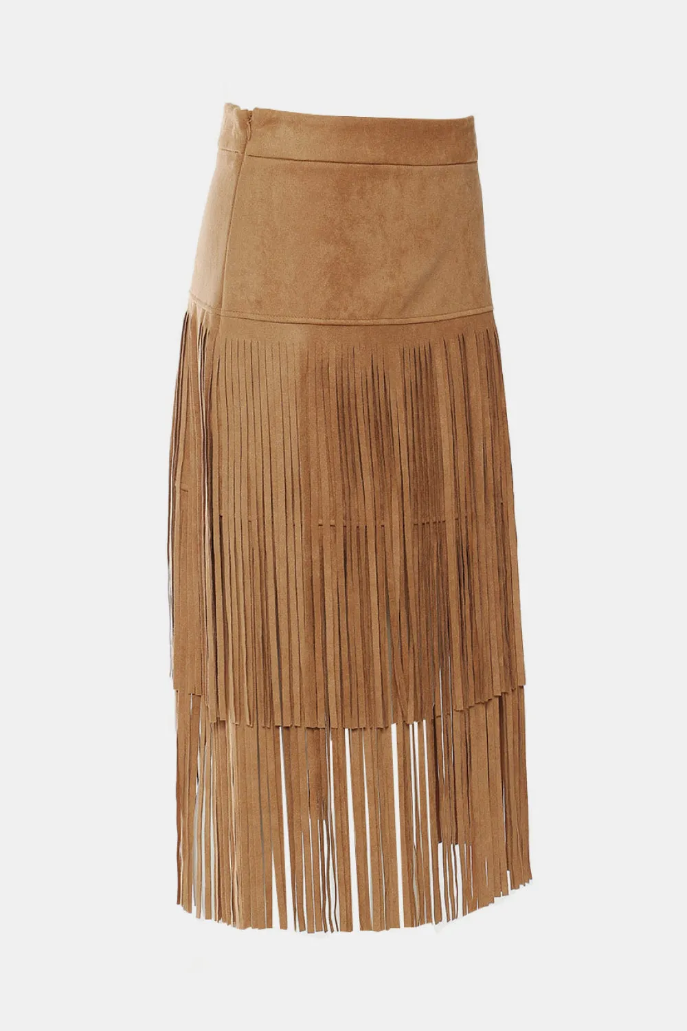 Fringe Detail Faux Suede Midi Skirt