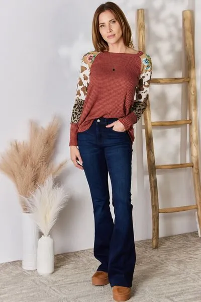 Full Size Leopard Waffle-Knit Blouse