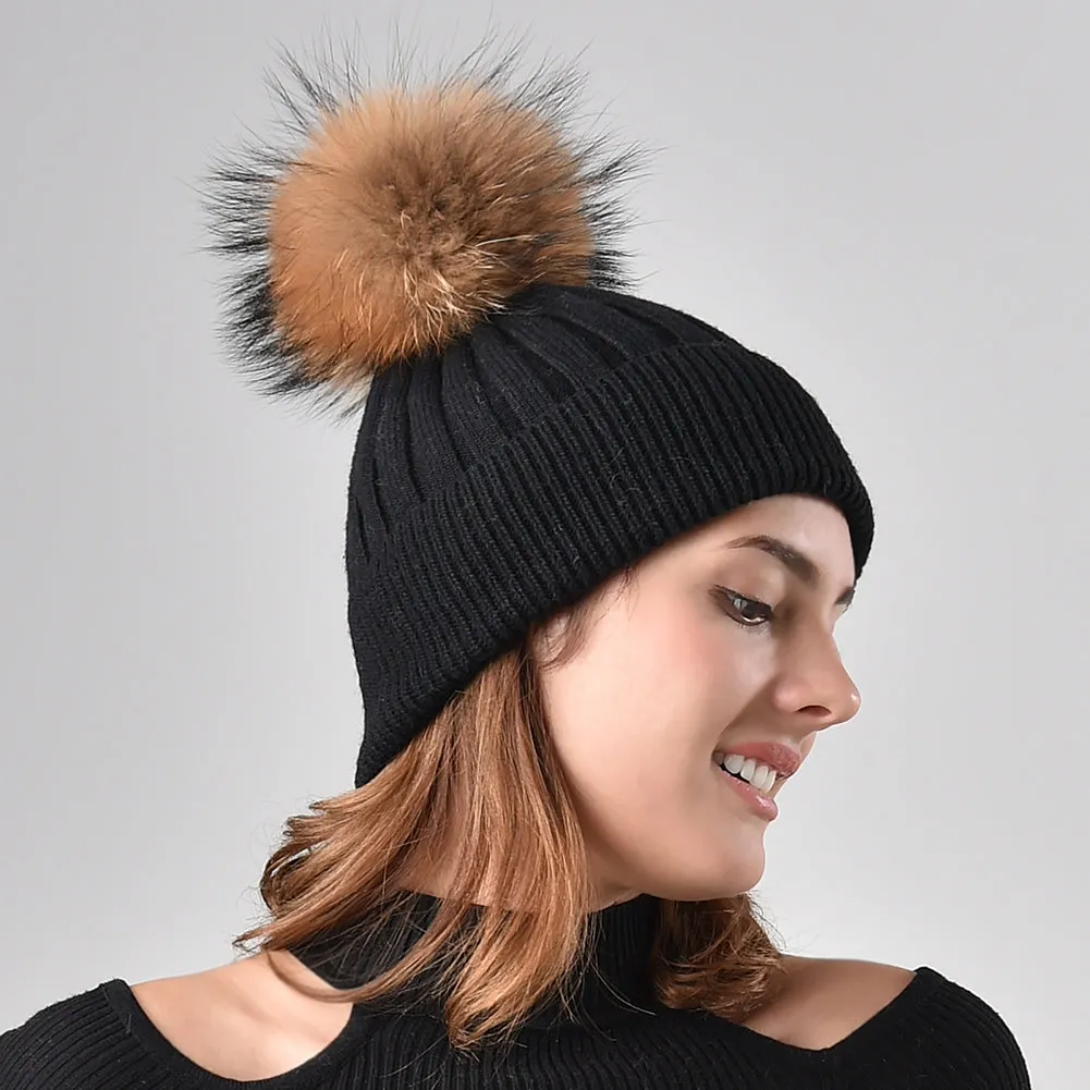 FURTALK Women Winter Real Fur Pom Pom Hat  Drop Shipping  A052